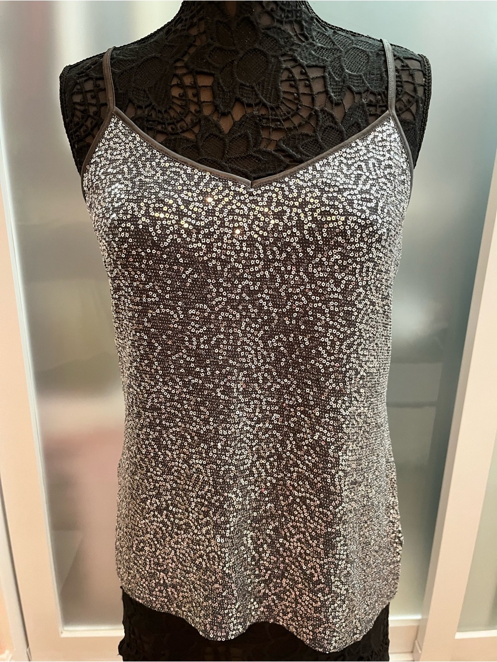 Express Silver Sequin Spaghetti Strap Women's Top
